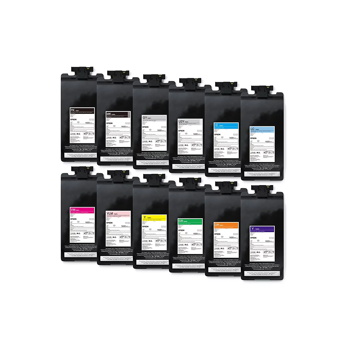 Eine Nahaufnahme von zwölf Tintenpatronen für einen Drucker, die in zwei Reihen angeordnet sind. Jede Patrone hat eine schwarze Grundfarbe, mit farbigen Etiketten, die sich nach der Farbe der Tinte unterscheiden.