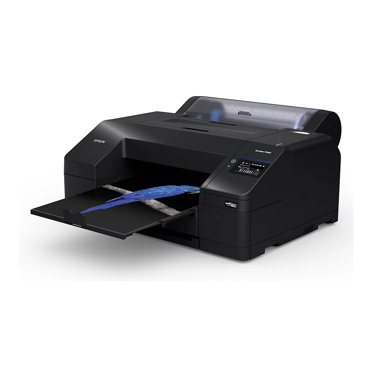 Schwarzer Drucker mit offenem Fach, auf dem ein blauer Vogel auf einem Ast liegt. Auf dem Drucker steht Epson SureColor P5300.