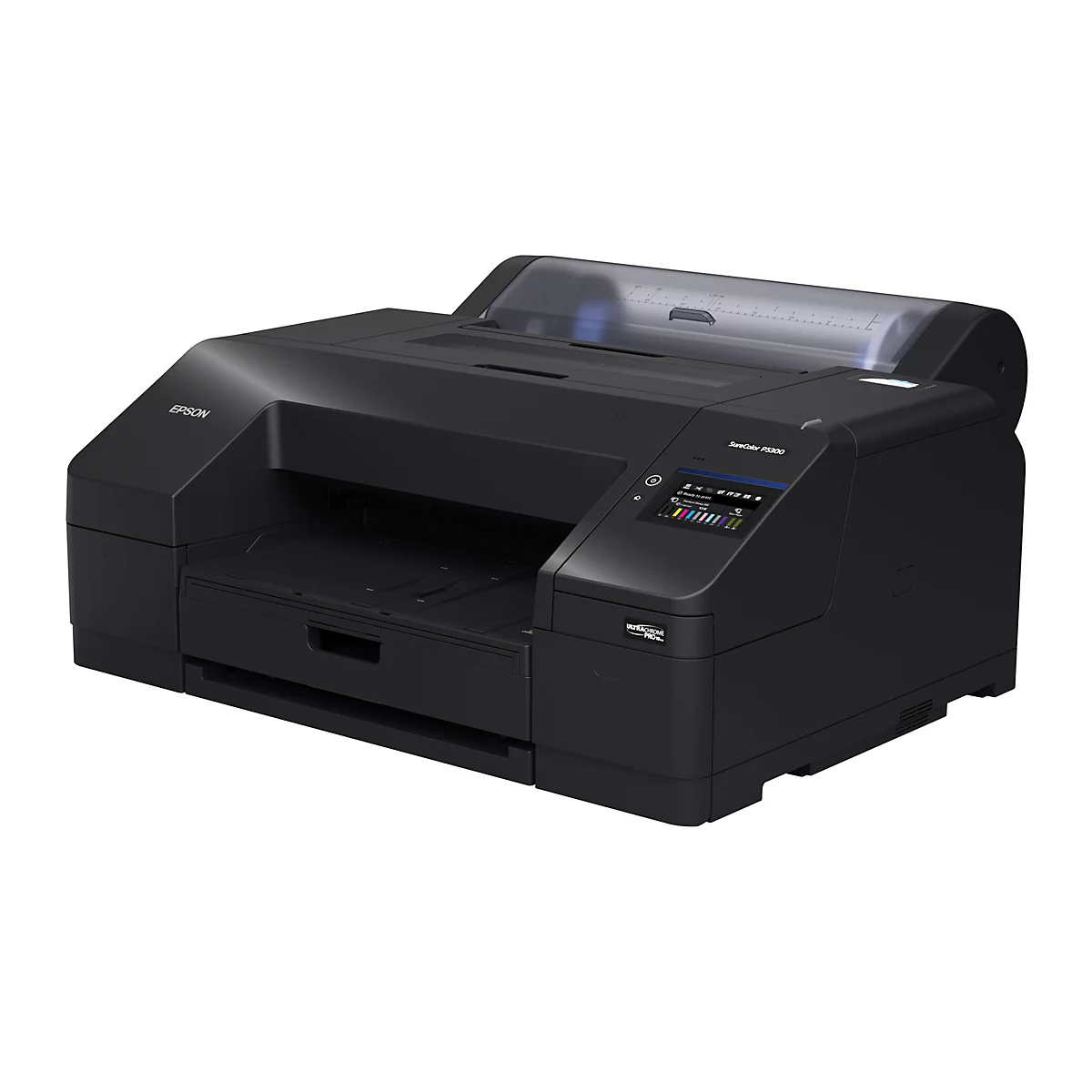 Ein schwarzer Epson SureColor P5300 Drucker. Das Gerät hat ein Bedienfeld mit farbigen Anzeigen und einen Papiereinzug.