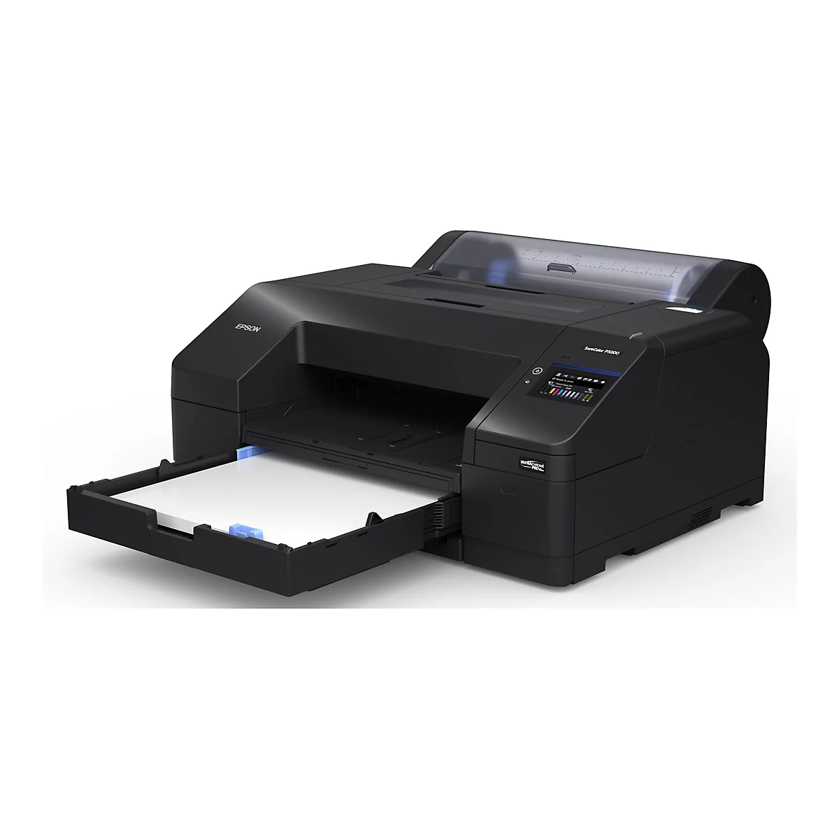 Schwarzer Drucker mit Papierschublade. Aufschrift Epson und SureColor P5300.