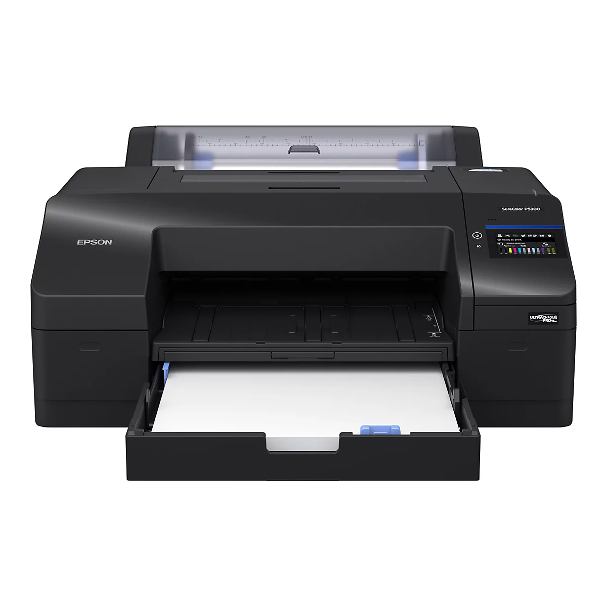 Epson SureColor P5300 Fotodrucker in Schwarz mit offenem Papierfach und Displayansicht vor weißem Hintergrund.