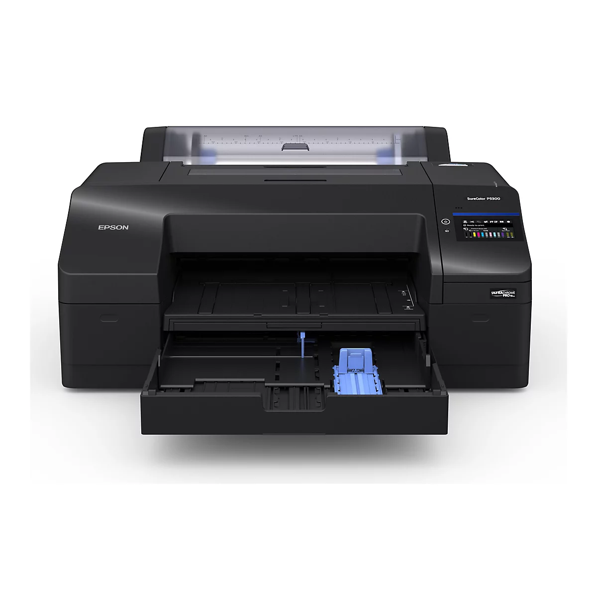 Schwarzer Drucker Epson SureColor P5300 mit ausgefahrener Papierlade, Detailschirm und Epson Logo.