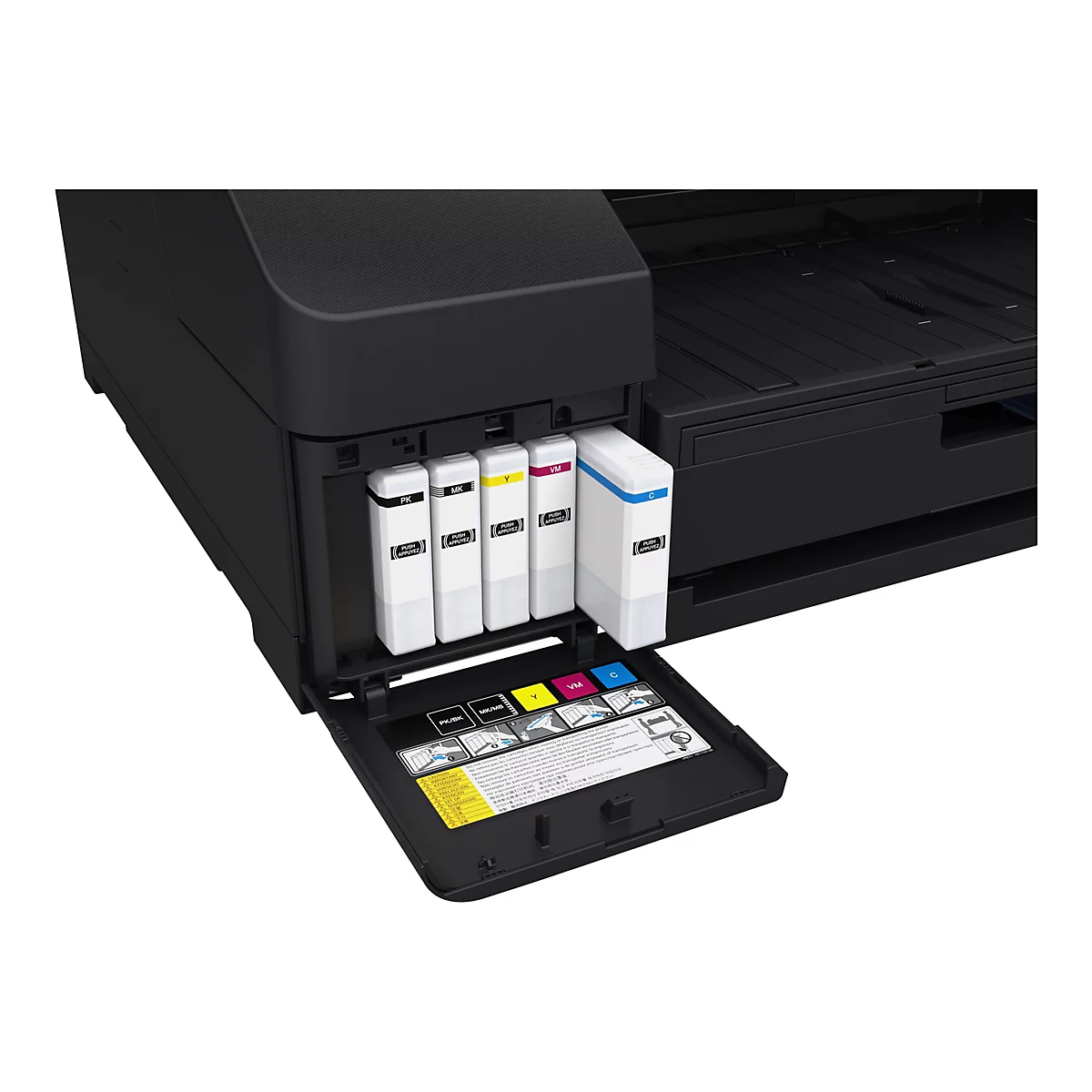 Gros plan sur une imprimante noire avec des cartouches d'encre ouvertes. Les couleurs sont clairement visibles.