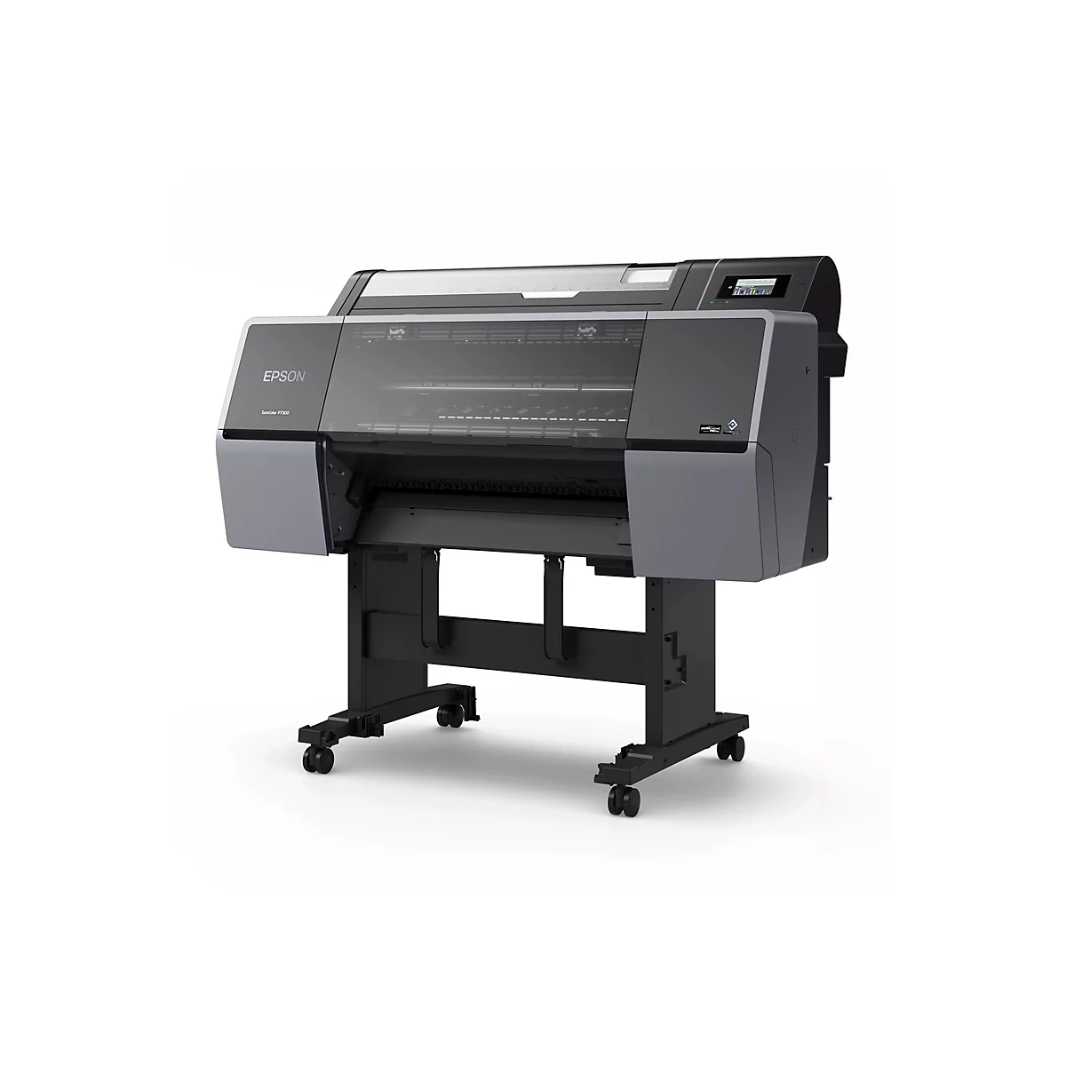 Ein großformatiger Tintenstrahldrucker Epson SureColor P7300 steht vor weißem Hintergrund. Dunkelgrau und schwarz, mit Rollen.