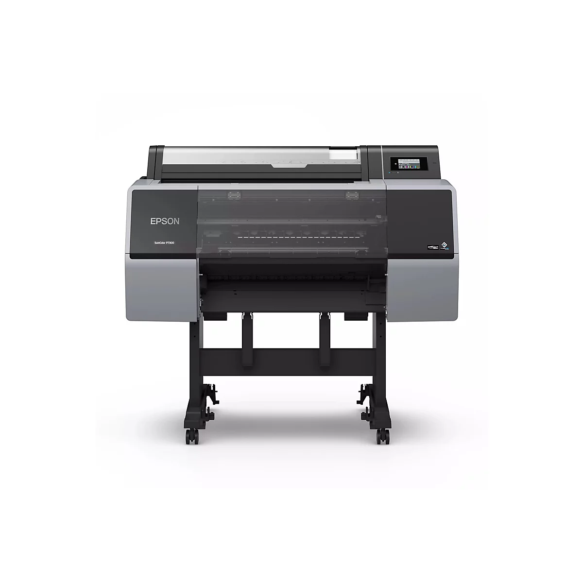 Eine großformatige Epson SureColor P7300 Druckmaschine steht vor weißem Hintergrund. Grau und schwarze Farbtöne dominieren das Design, ein Display ist rechts oben zu sehen.