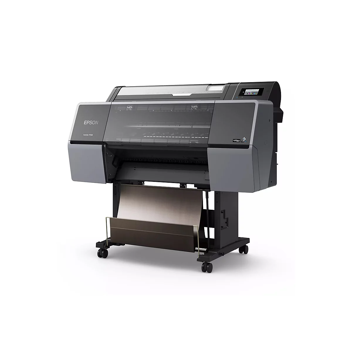 Eine graue Epson SureColor P7300 Großformatdruckmaschine steht vor weißem Hintergrund. Mit Rollen, Display und Papierauffangvorrichtung.