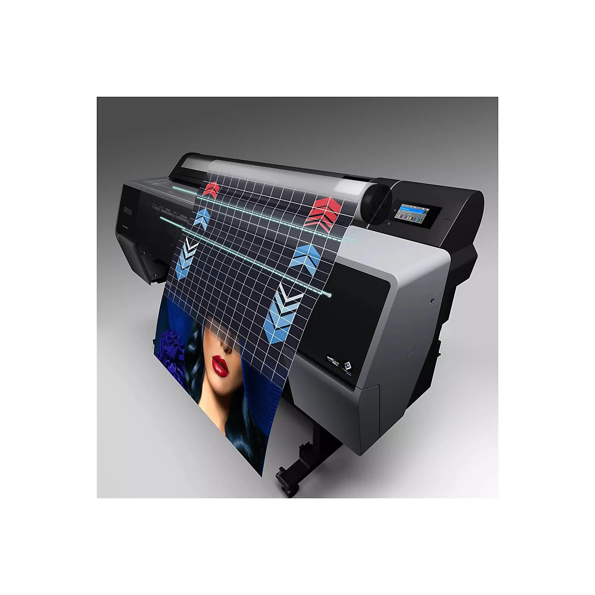Professioneller Großformatdrucker mit Print-Design im Fokus. Das Druckmedium zeigt eine Frau mit rotem Lippenstift, blauem Hut, blaue Rosen.