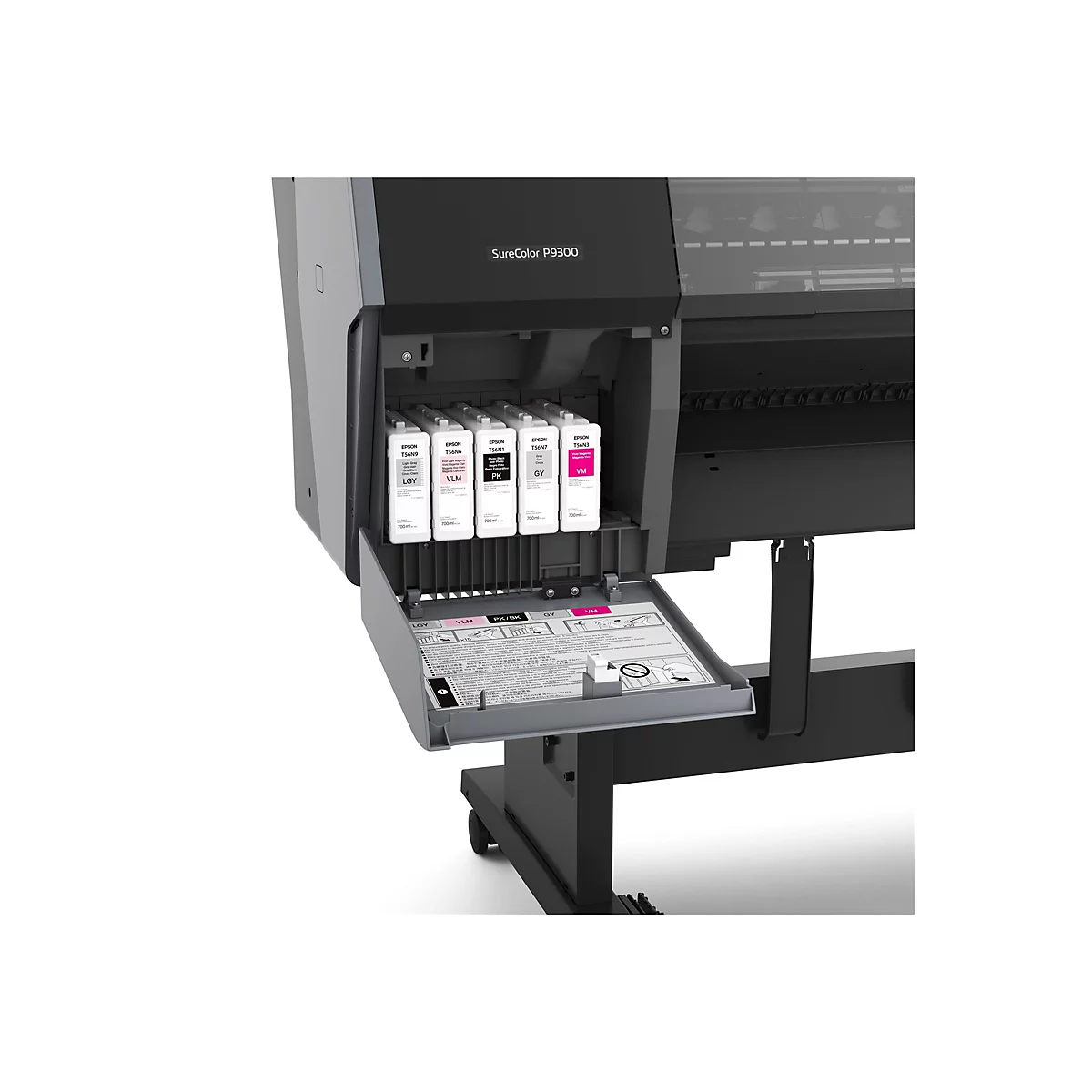Detailansicht eines Großformatdruckers Epson SureColor P9300. Geöffnete Tintenpatronen und Bedienfeld sind sichtbar.