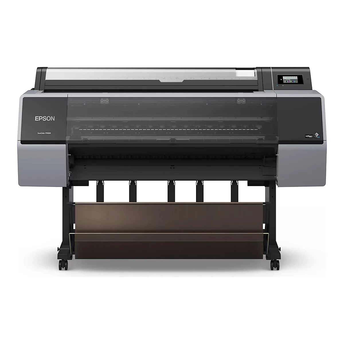 Großer, grauer Epson SureColor P9300 Drucker. Schwarz, mit Rollen und Bedienfeld.