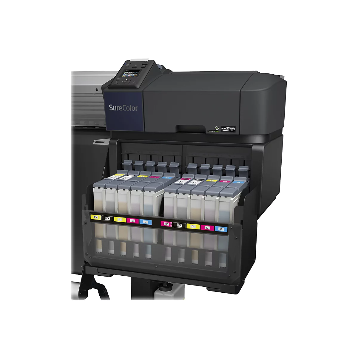 Großformatdrucker Epson SureColor mit geöffnetem Tintentanksystem vor neutralem Hintergrund.