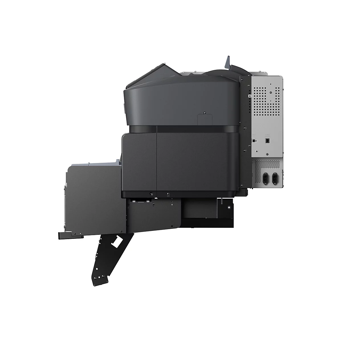 Seitenansicht eines technischen Druckermoduls mit Gehäuse in Dunkelgrau und silberner Rückwand mit Anschlüssen.