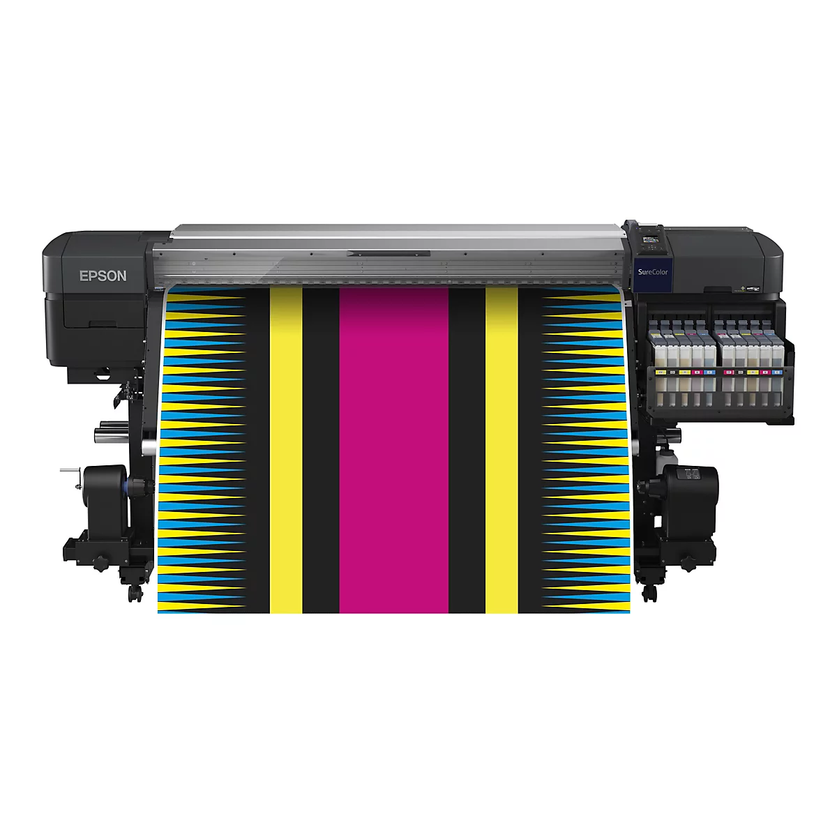 Großformatdrucker von Epson mit einem farbenfrohen Testdruckmuster aus geometrischen Formen auf weißem Hintergrund.