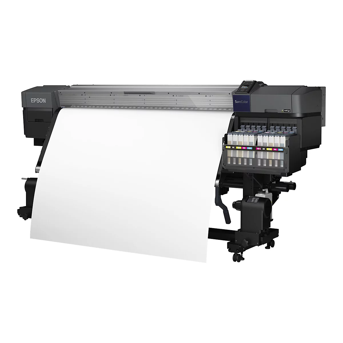 Epson SureColor Großformatdrucker mit eingelegtem weißen Papier vor weißem Hintergrund.