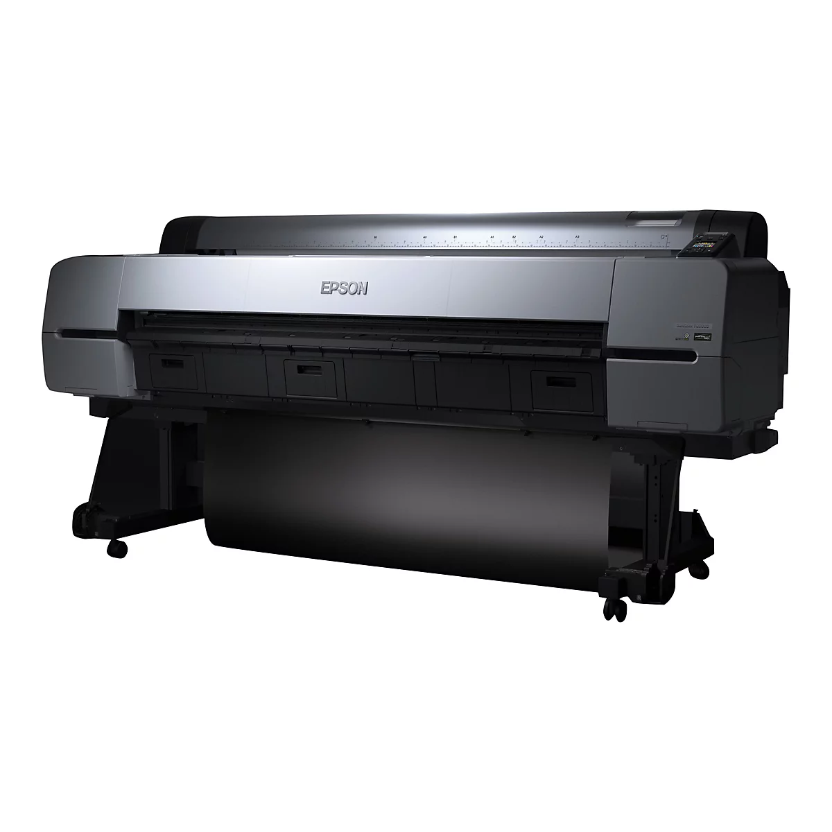 Großformatdrucker Epson SureColor P20000 auf Rädern in Silber und Schwarz vor weißem Hintergrund.