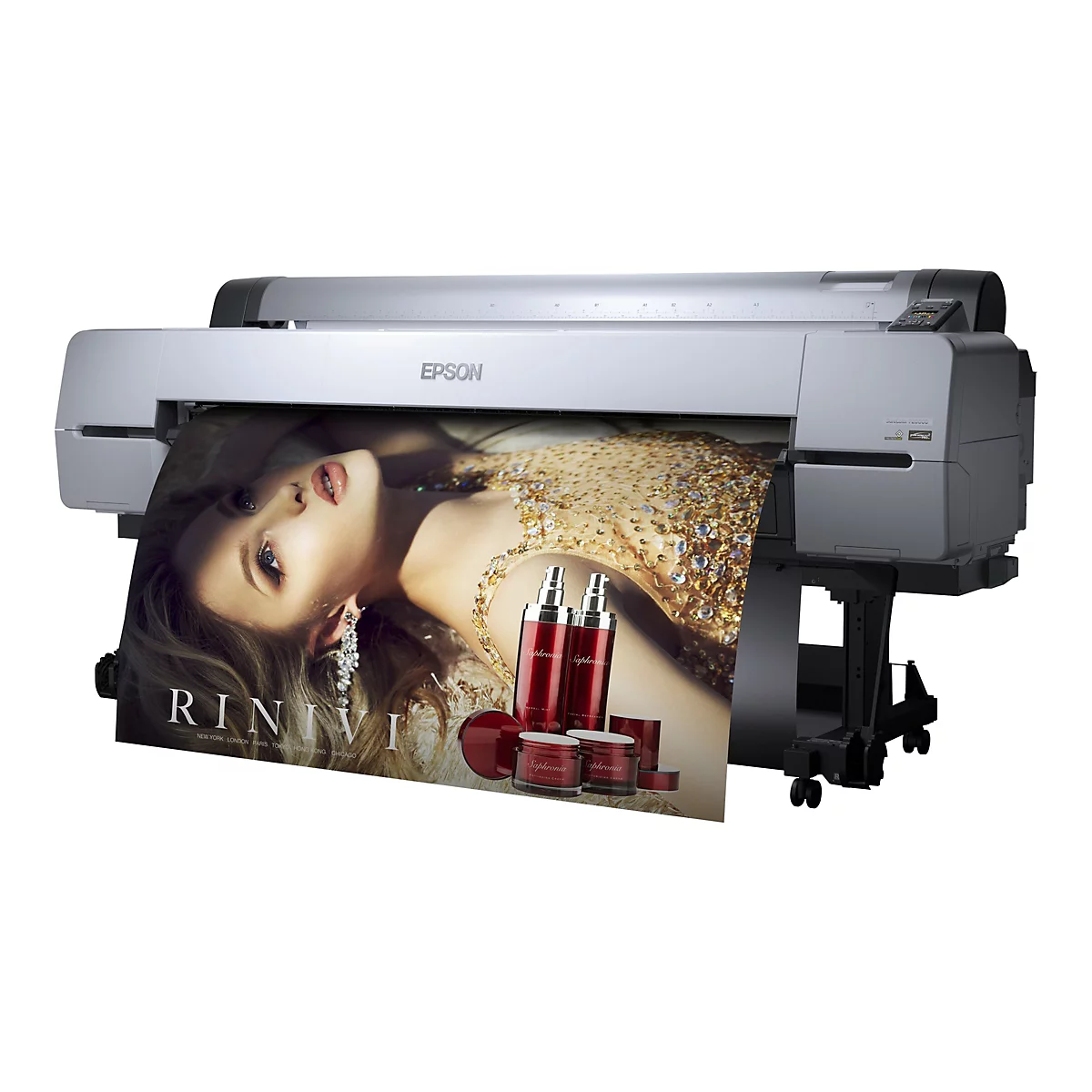 Großformatdrucker von Epson druckt ein Werbeplakat mit einer Frau und Kosmetikprodukten.