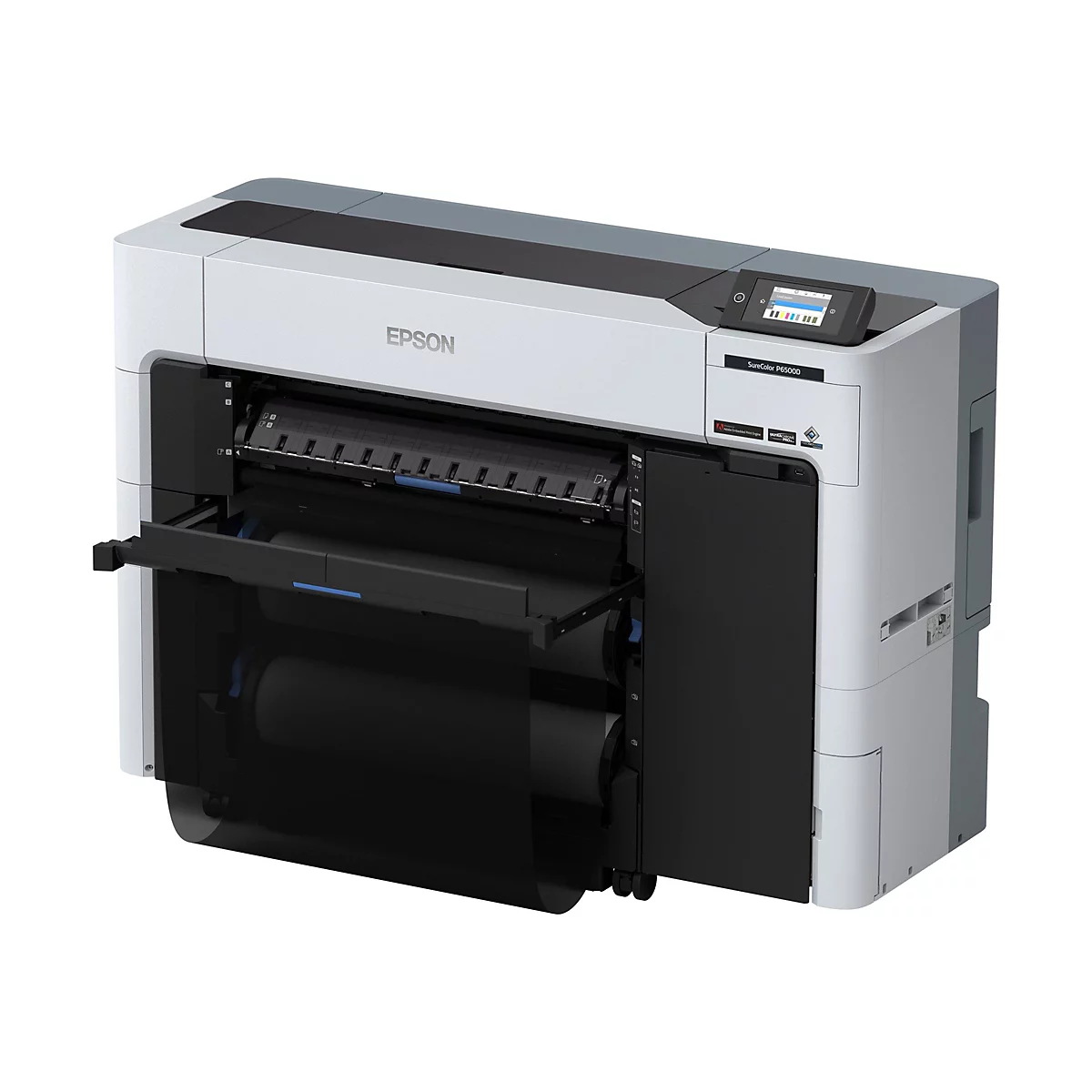 Une grande imprimante blanche et grise de la marque Epson. Le clapet est ouvert, le panneau de commande affiche un menu. L'inscription "SureColor P6500D" est visible sur l'imprimante.