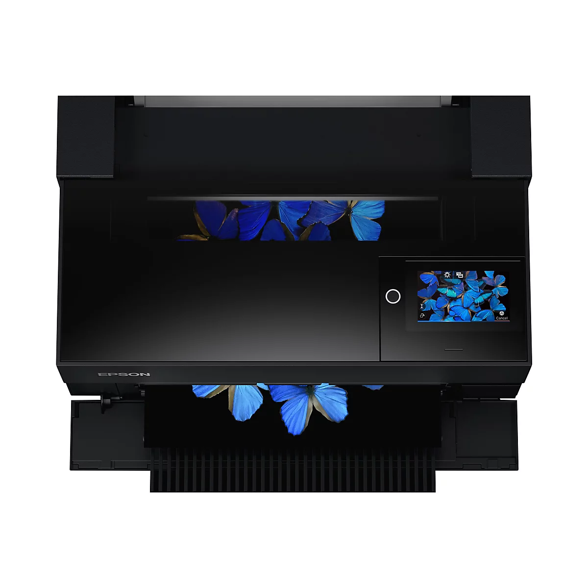 Schwarzer Drucker mit Touchscreen. Auf dem Display und im Ausdruck Schmetterlingsabbildungen.