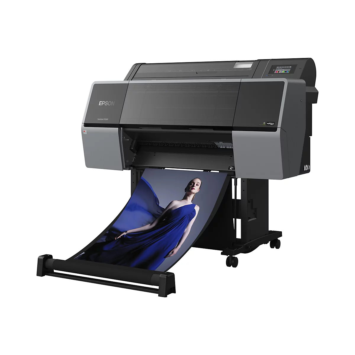 Großer Drucker, Epson SureColor P7500, druckt ein Bild einer Frau in einem blauen Kleid. Das Bild wird aufgerollt ausgedruckt.