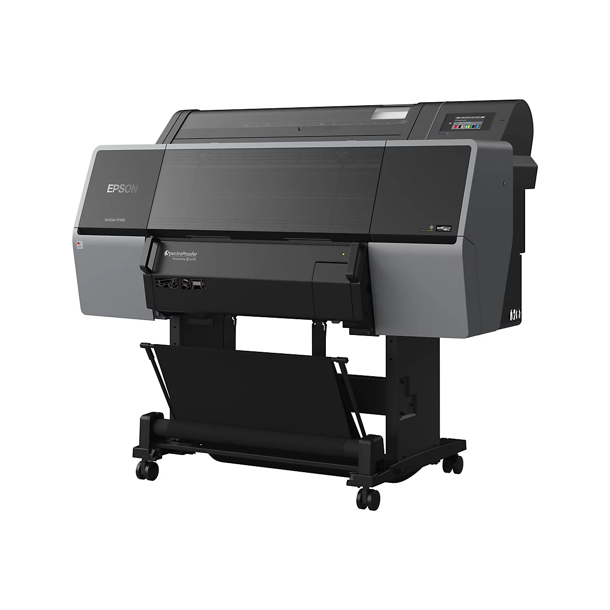 Großer, grauer Drucker Epson SureColor P7500 mit Papierauffangvorrichtung, vor weißem Hintergrund. Auf der Front steht Epson.