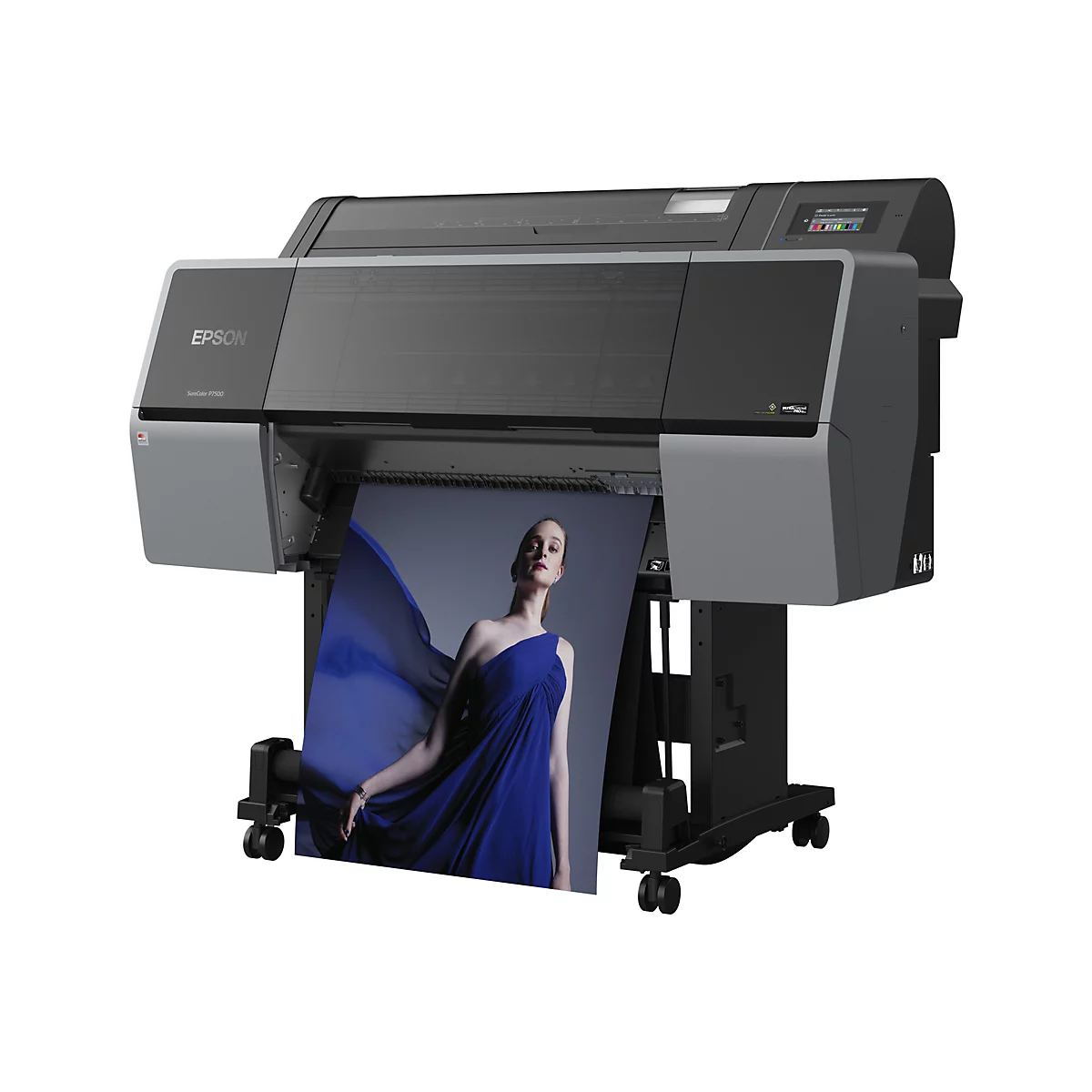 Epson SureColor P7500 Großformatdrucker auf einem Standfuß, der ein Foto einer Frau in einem blauen Kleid druckt.