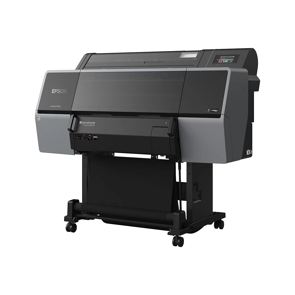Grande imprimante noire avec logo Epson, lettrage SureColor P7500 et logo SpectreProofer. Sur un support avec roulettes.