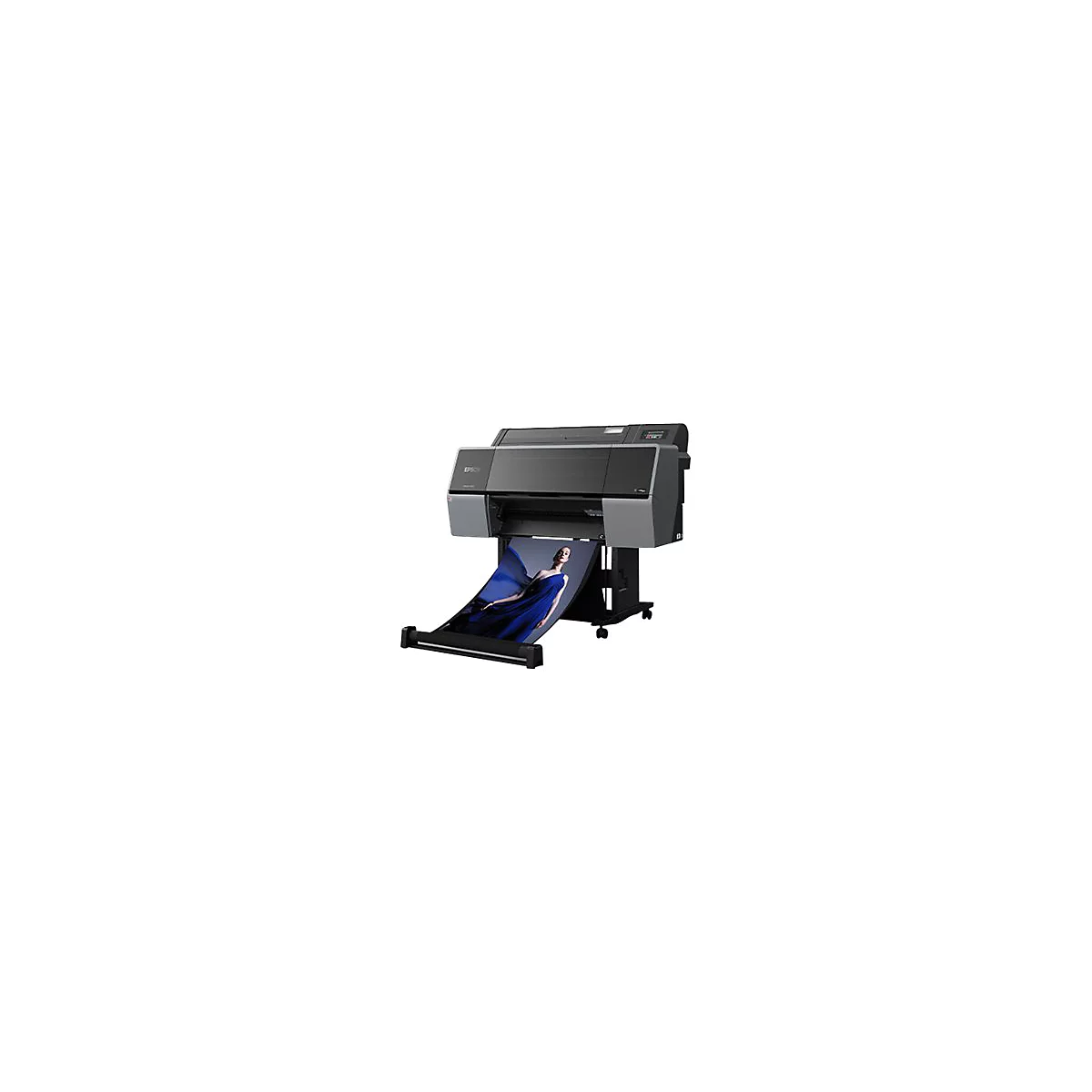 Großer Drucker, der ein Bild einer Frau in einem blauen Kleid ausdruckt.
