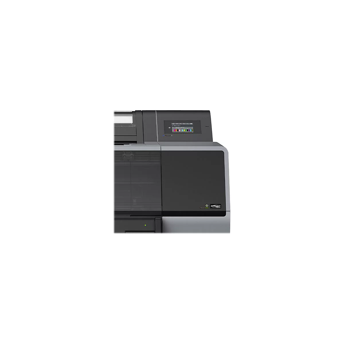 Großer, schwarzer Drucker mit Display. Farbige Leiste im Display, Logo und Schriftzug.