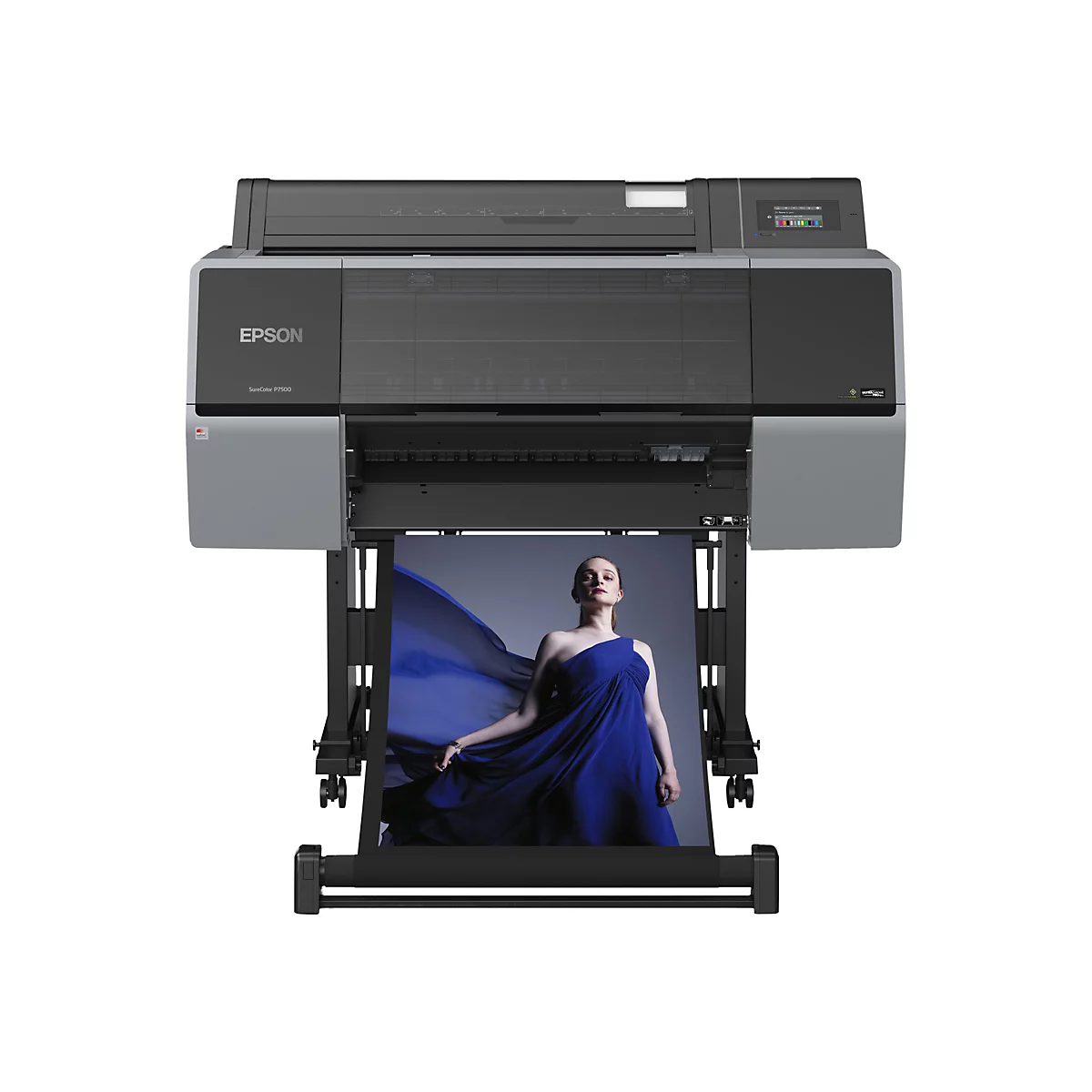 Großer Drucker Epson SureColor P7500. Das Gerät druckt ein Bild einer Frau in einem blauen Kleid.