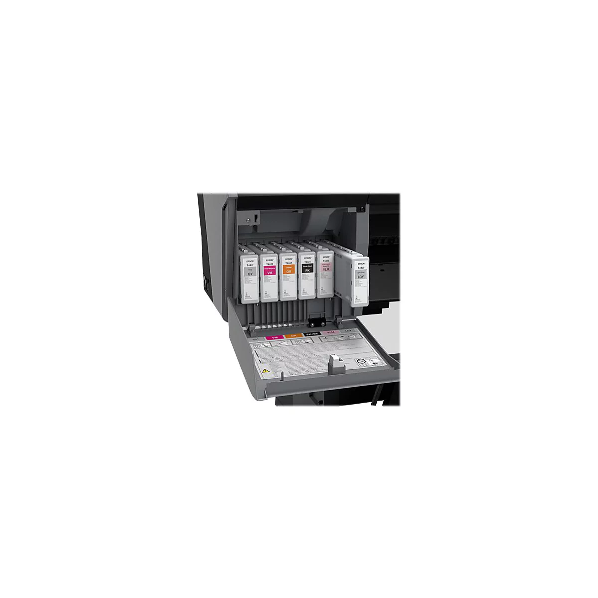 Nahaufnahme eines geöffneten Druckers mit eingesetzten Tintenpatronen. Farben: Grau, Violett, Orange und Gelb. Auf den Patronen steht "Epson T644".