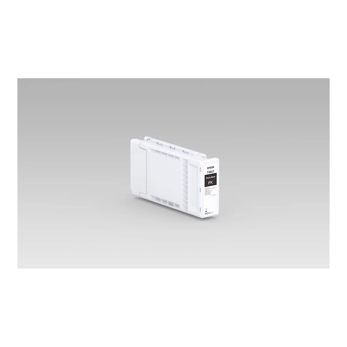 Weiße Epson Tintenpatrone T48U1 Photo Black mit 350ml Inhalt vor neutralem Hintergrund.