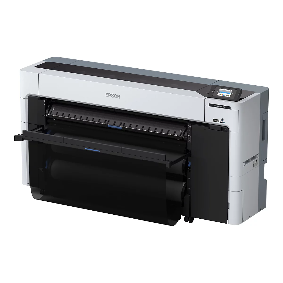 Großer weißer Drucker mit Epson-Logo, Details in Grau und Schwarz. Bedienfeld mit Bildschirm rechts oben.
