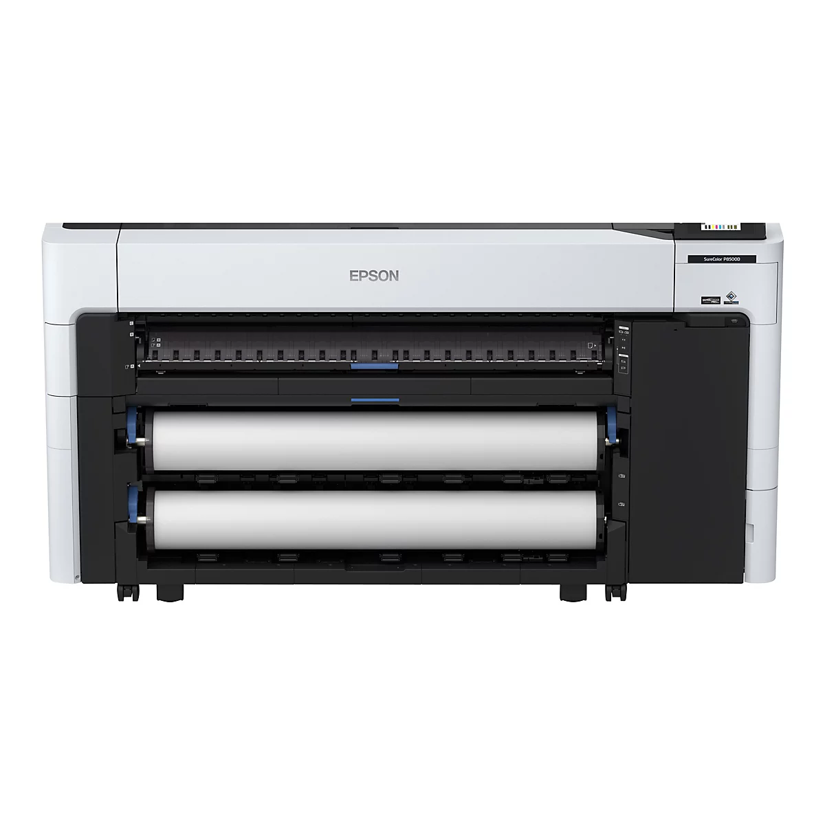 Großer weißer Drucker mit Epson-Logo, darunter Papierrollen. Aufschrift: SureColor P8500D.