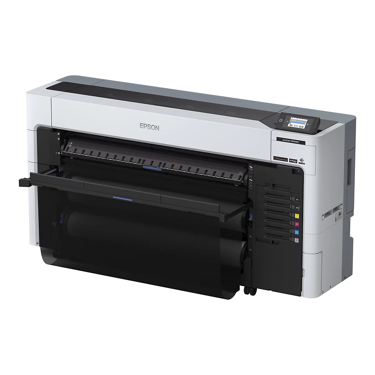 Großer, weiß-grauer Epson SureColor P8500DL Drucker. Auf der Vorderseite befindet sich eine offene Klappe, aus der eine Papierrolle herausragt. Ein Bedienfeld ist rechts oben sichtbar.