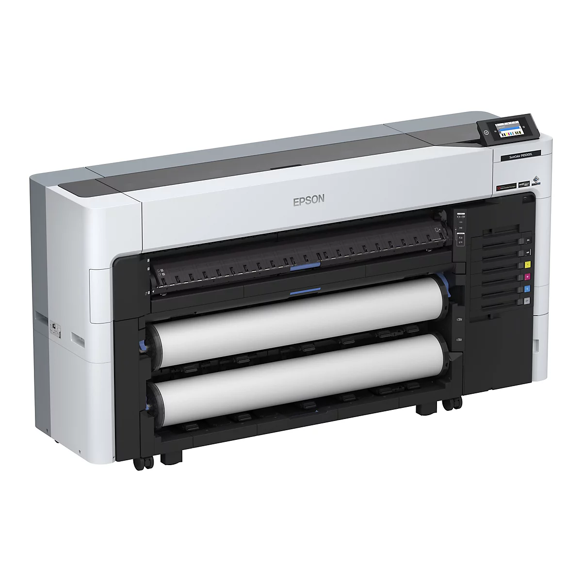 Großer weißer Drucker mit Epson-Logo, Rollen für Papier. Oberhalb befindet sich ein Bedienfeld.