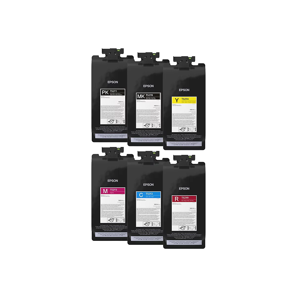 Sechs schwarze Epson Tintenbeutel in verschiedenen Farben vor weißem Hintergrund.
