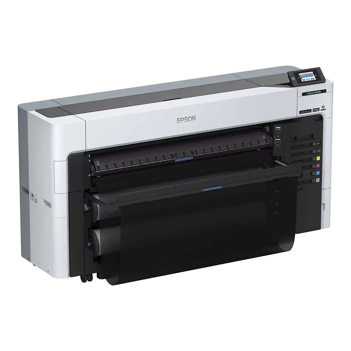 Großer weißer Drucker mit offenem Fach, Epson SureColor P8500DL. Schwarzes Papier liegt aus.