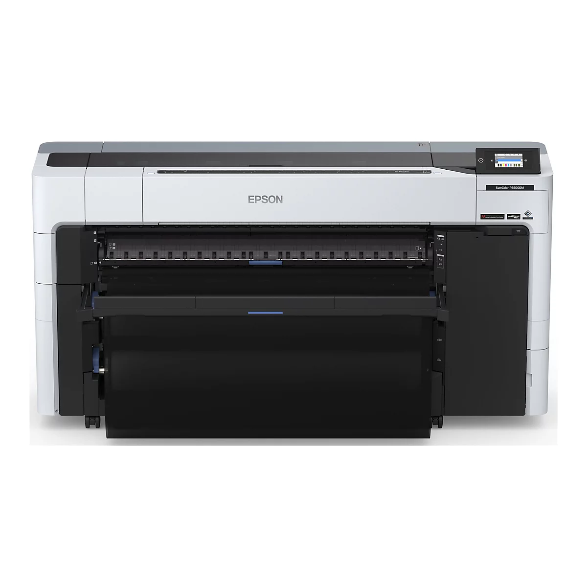 Großer weißer Drucker mit Epson-Logo, darunter schwarze Halterung für Papierrollen. Auf der rechten Seite ein kleines Display.