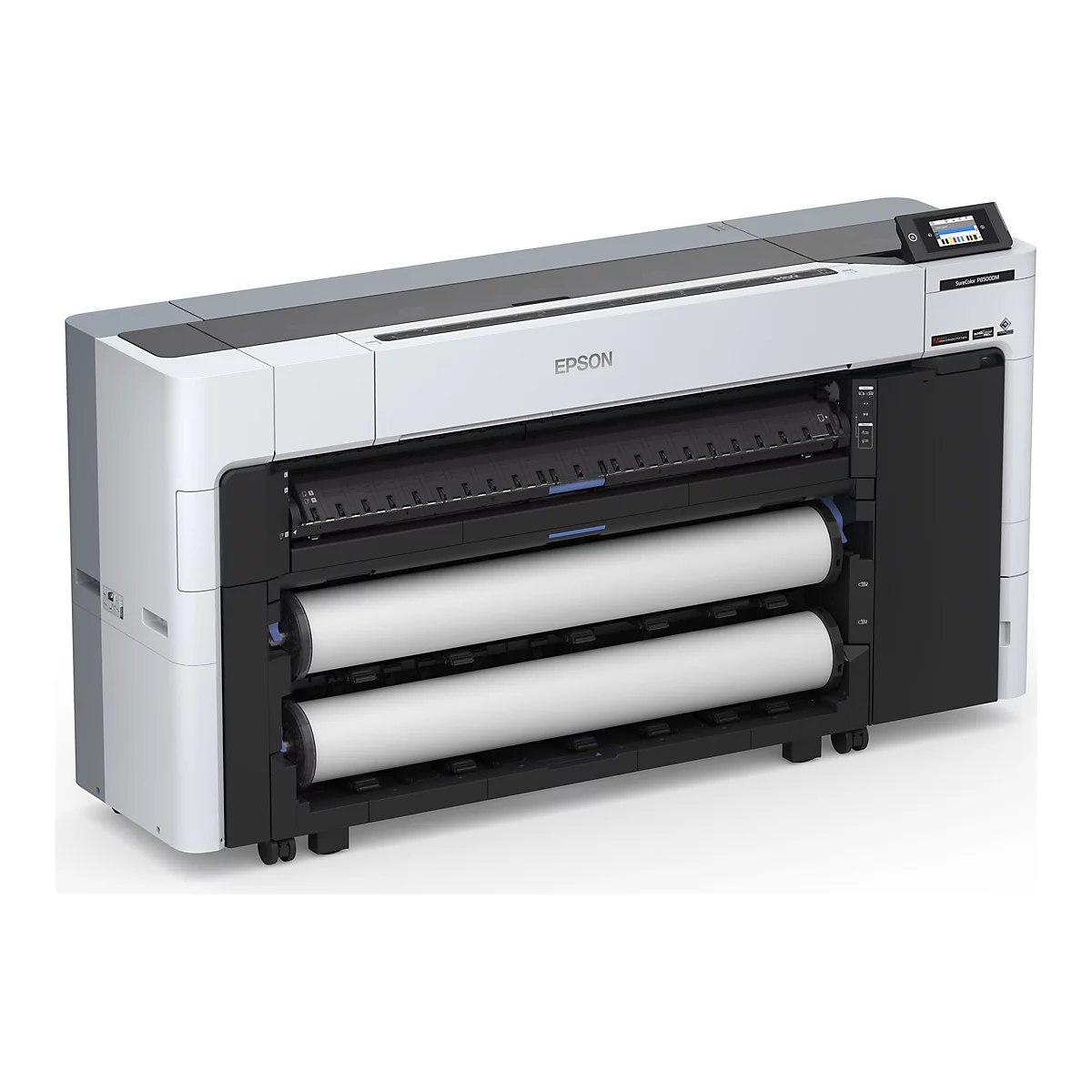 Großformatdrucker Epson SureColor P8500DM in Weiß und Grau mit zwei eingelegten Papierrollen.