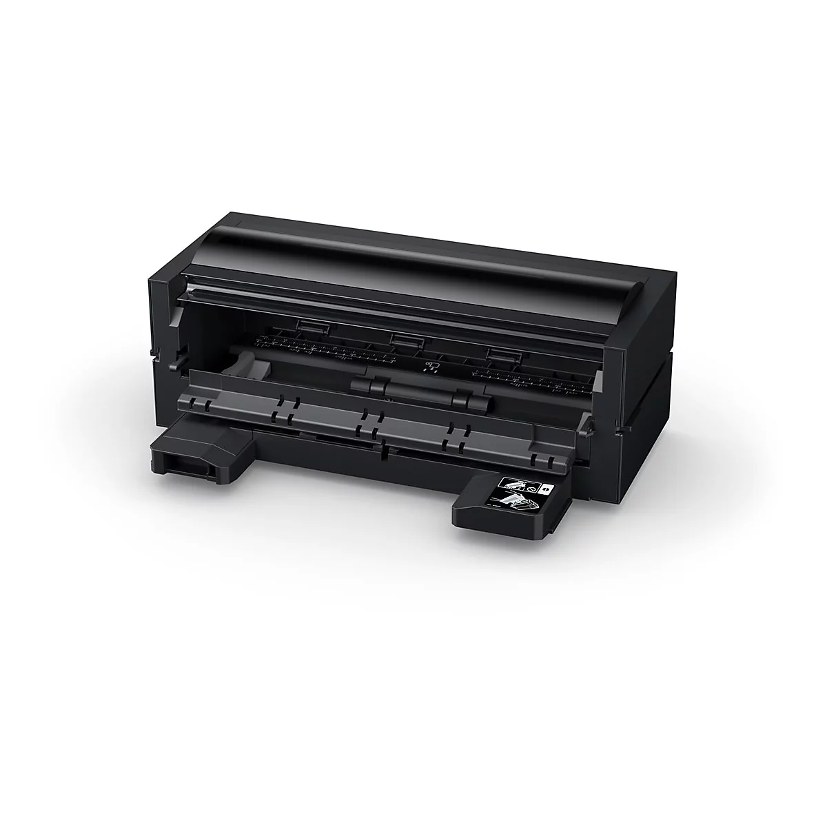 Imprimante noire avec compartiments ouverts, environnement blanc.