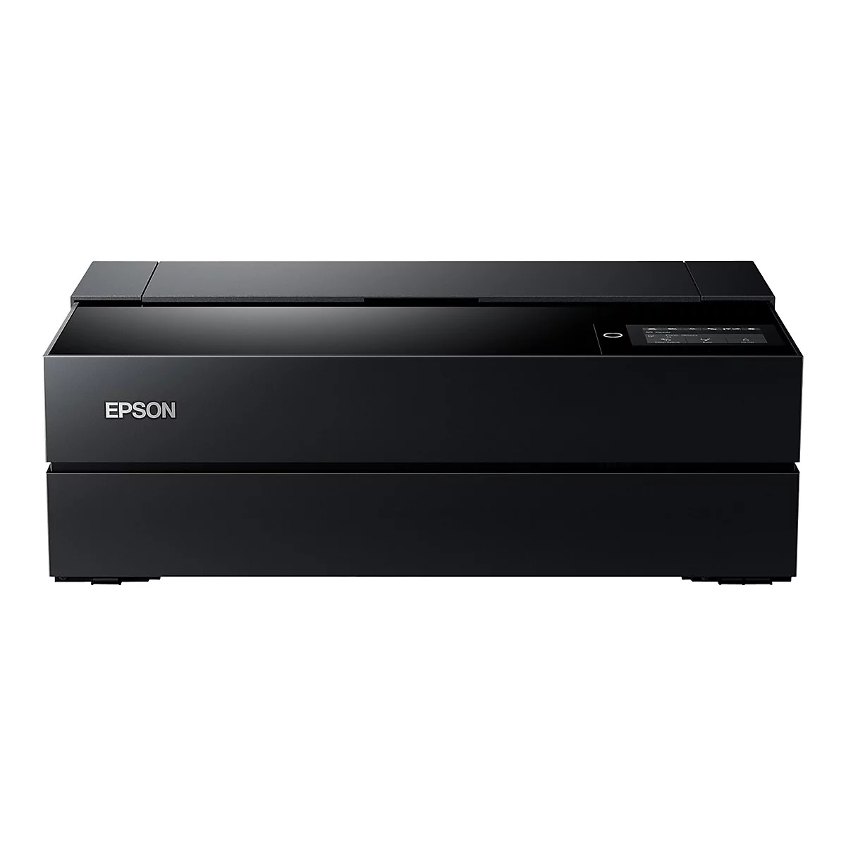 Schwarzer Drucker mit Epson-Logo, rechteckig, flache Oberseite, Bedienfeld rechts.