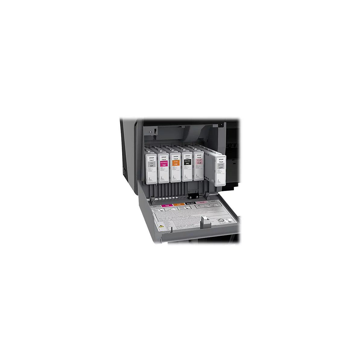 Nahaufnahme eines Druckers mit geöffnetem Fach, zeigt Tintenpatronen. Farben: Grau, Cyan, Magenta, Gelb, Orange, Schwarz und Hellgrau.