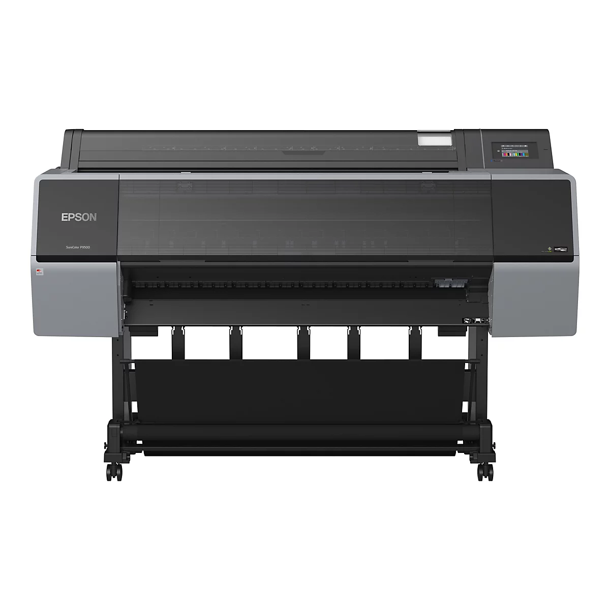 Großer, grauer Epson SureColor P9500 Drucker mit schwarzem Aufbau und Farbdisplay.