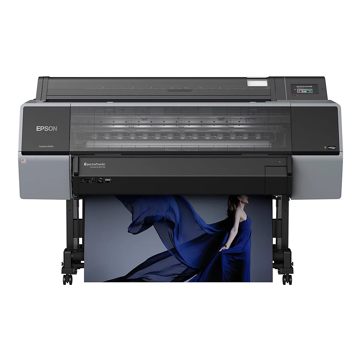 Großer Drucker, darunter ein Druck mit einer Frau in blauem Kleid. Drucker mit Epson-Logo und SureColor P9500-Schriftzug.