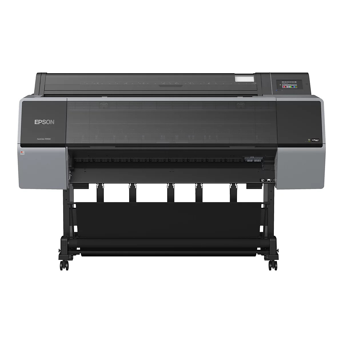 Großer, grauer Drucker Epson SureColor P9500 mit geöffnetem Papierausgabefach und Bedienfeld. Der Drucker steht auf einem weißen Hintergrund.