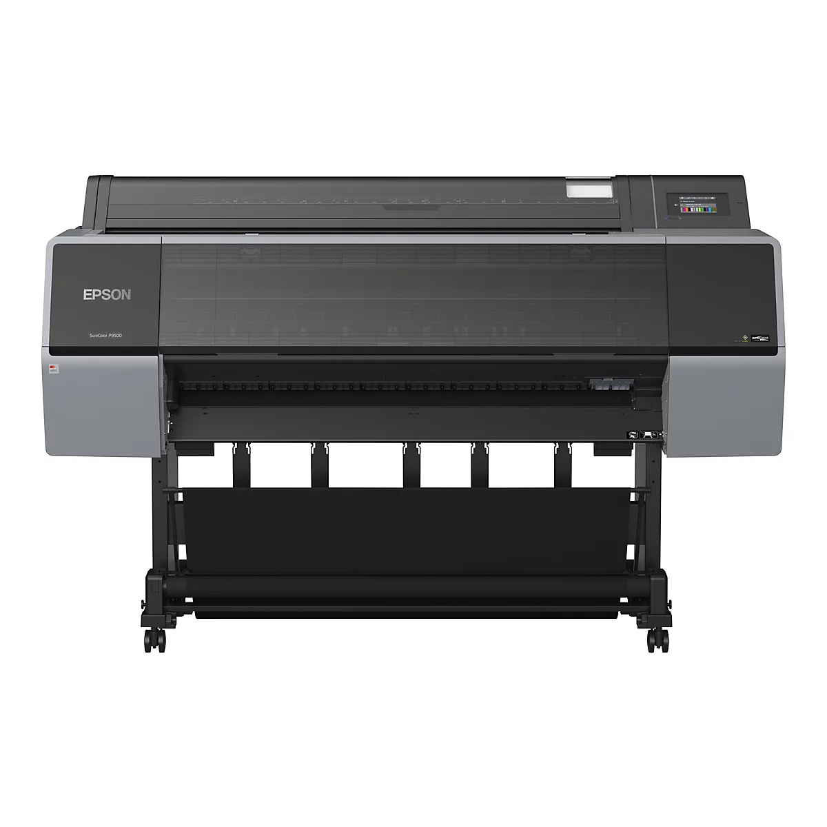 Großer, grauer Epson SureColor P9500 Drucker, Frontalansicht. Schwarze Papierablage, Rollenfüße, Farbdisplay.