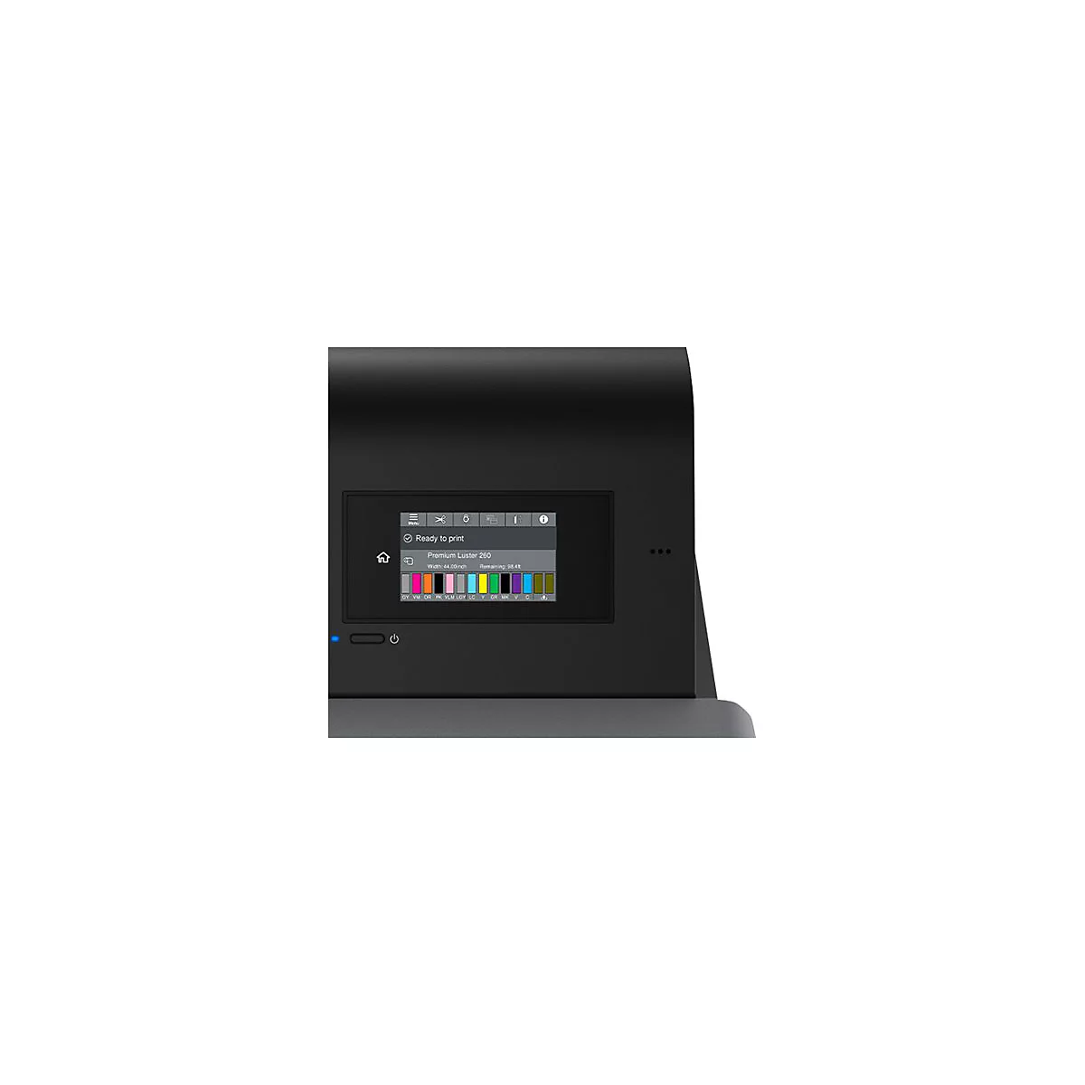 Detailansicht eines schwarzen Druckers mit Bildschirm. Auf dem Display sind Informationen wie "Ready to print" und "Premium Luster 260" zu sehen.