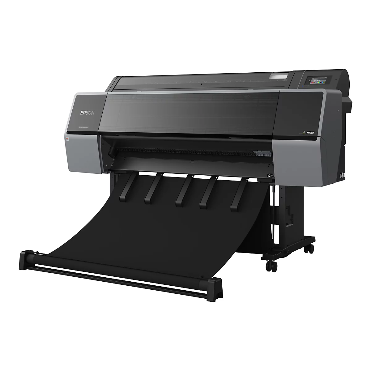 Eine große, graue Tintenstrahldruckmaschine mit heruntergelassenem schwarzem Druckmaterial vor weißem Hintergrund. Das Epson-Logo ist deutlich sichtbar.