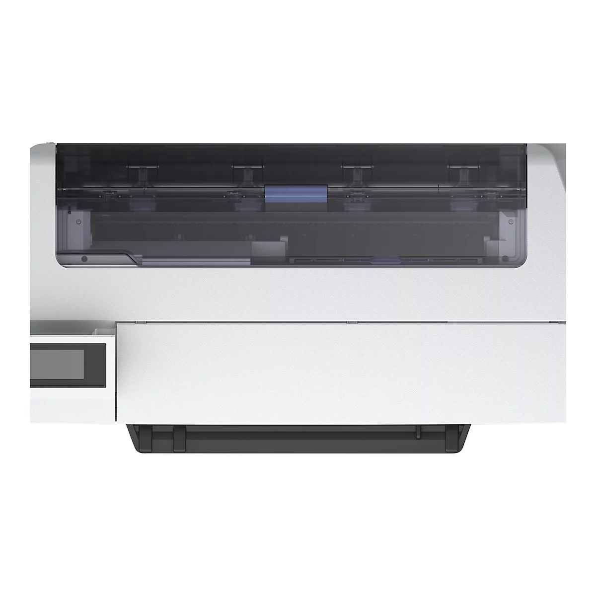 Draufsicht auf einen weißen Drucker mit schwarzem Element und Display.