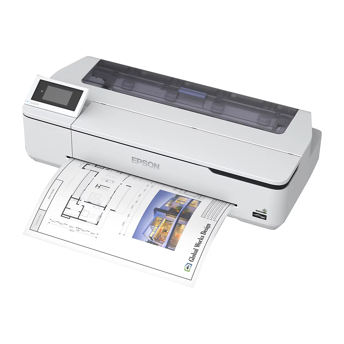 Ein weißer Drucker mit blauem Display, der einen Bauplan ausdruckt. Auf dem Papier ist der Name 'John Smith' zu sehen.