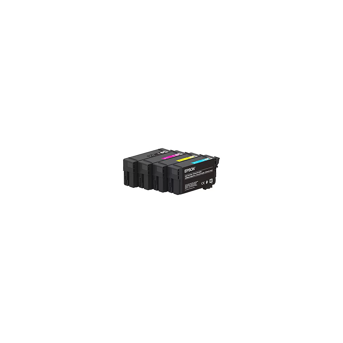 Mehrere schwarze Tintenpatronen von Epson in verschiedenen Farben.